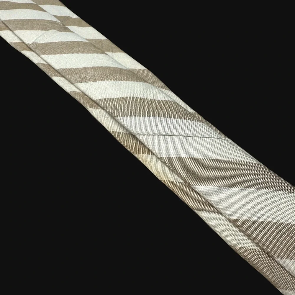 Albert Nipon Tan White Striped Cotton Necktie Hand Made Men's Tie